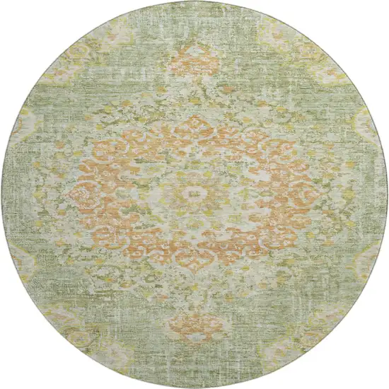 8' X 8' Artichoke Green Copper And Gold Floral Washable Round Rug With UV Protection Photo 1