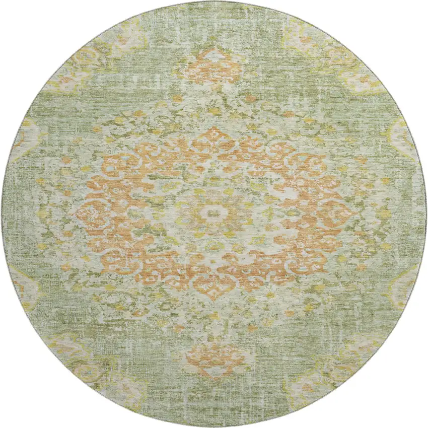 8' X 8' Artichoke Green Copper And Gold Floral Washable Round Rug With UV Protection Photo 1