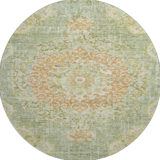 8' X 8' Artichoke Green Copper And Gold Floral Washable Round Rug With UV Protection Photo 3