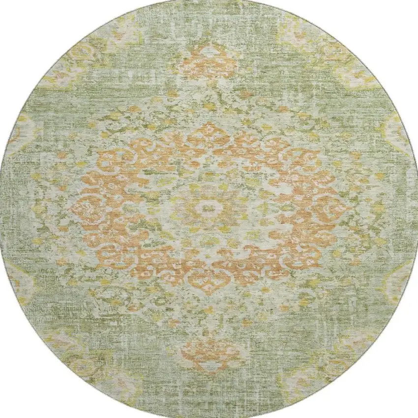 8' X 8' Artichoke Green Copper And Gold Floral Washable Round Rug With UV Protection Photo 3