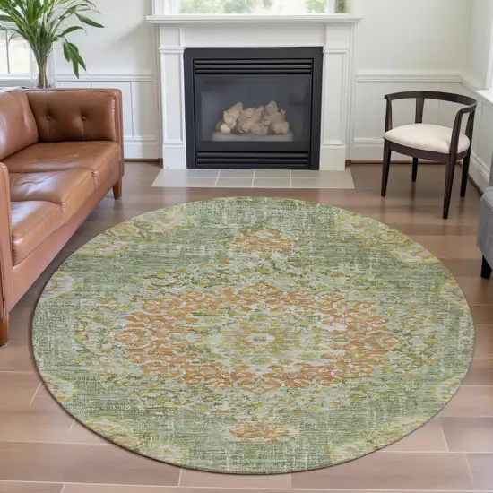 8' X 8' Artichoke Green Copper And Gold Floral Washable Round Rug With UV Protection Photo 4
