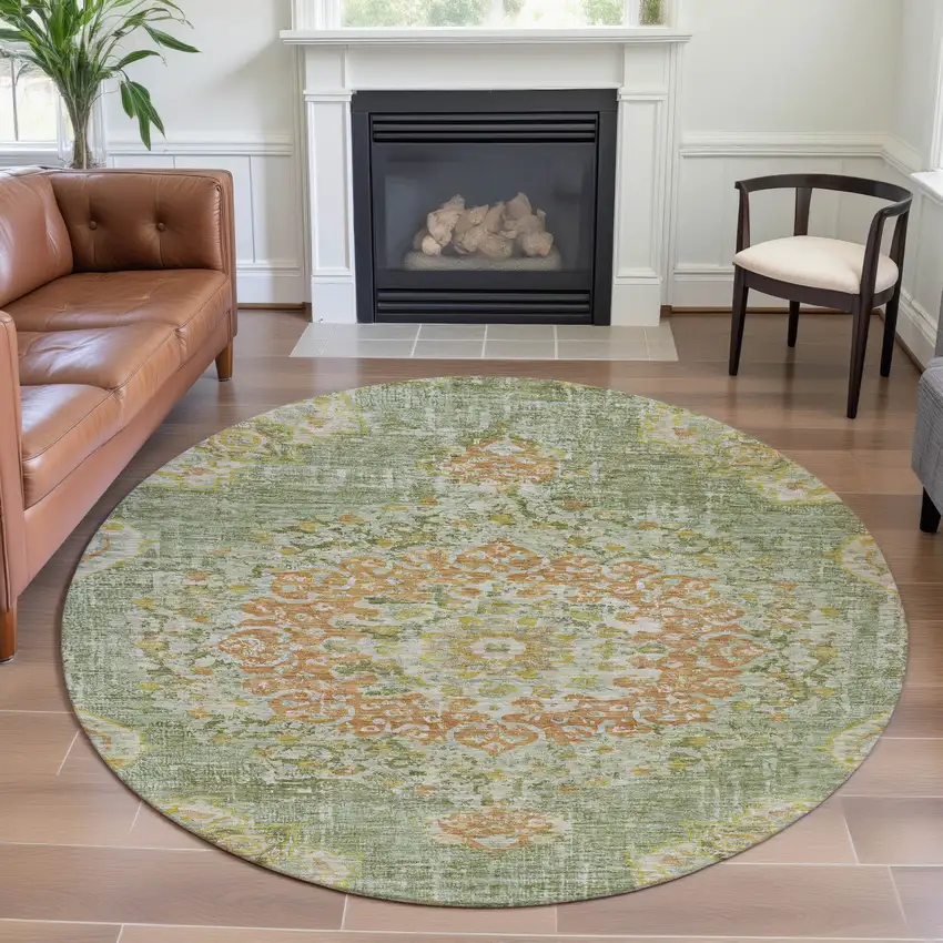 8' X 8' Artichoke Green Copper And Gold Floral Washable Round Rug With UV Protection Photo 4