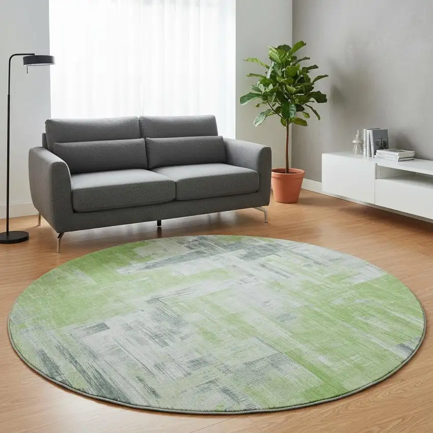 8' X 8' Artichoke Green Gray And Ivory Abstract Washable Round Rug With UV Protection Photo 2