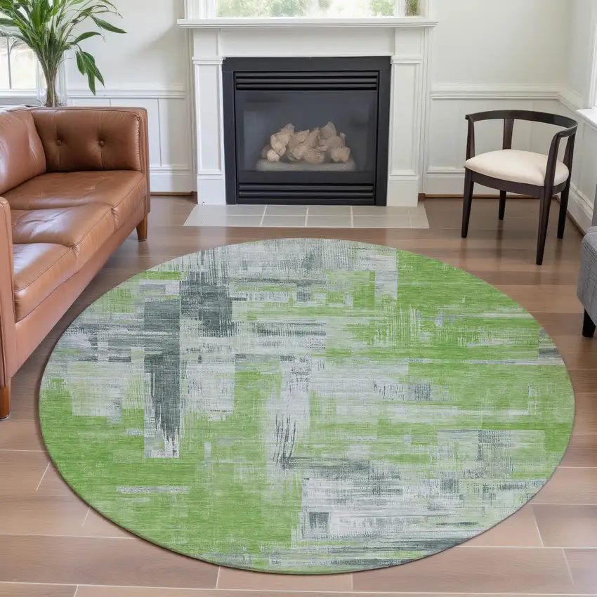 8' X 8' Artichoke Green Gray And Ivory Abstract Washable Round Rug With UV Protection Photo 4