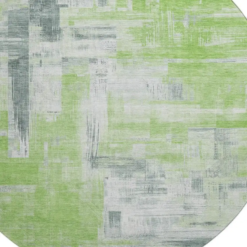 8' X 8' Artichoke Green Gray And Ivory Abstract Washable Round Rug With UV Protection Photo 2
