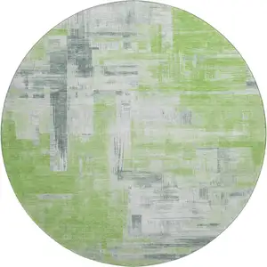 Photo of 8' X 8' Artichoke Green Gray And Ivory Abstract Washable Round Rug With UV Protection