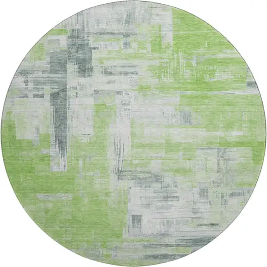 8' X 8' Artichoke Green Gray And Ivory Abstract Washable Round Rug With UV Protection Photo 1