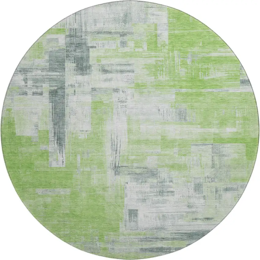 8' X 8' Artichoke Green Gray And Ivory Abstract Washable Round Rug With UV Protection Photo 1