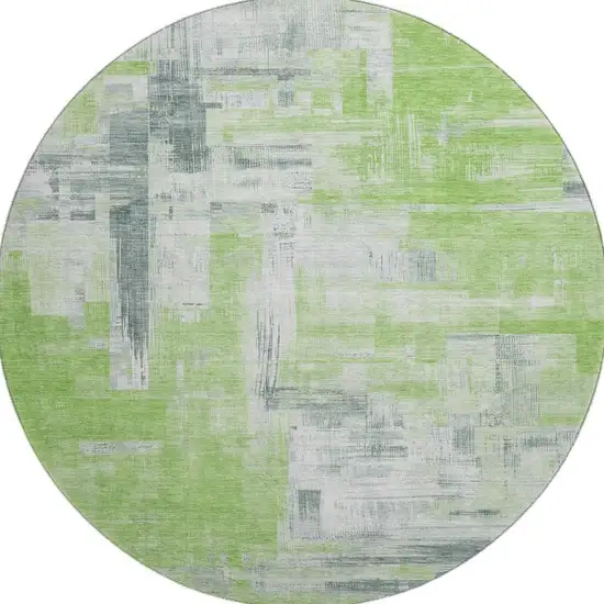 8' X 8' Artichoke Green Gray And Ivory Abstract Washable Round Rug With UV Protection Photo 3