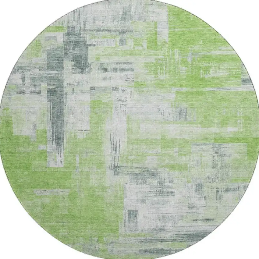 8' X 8' Artichoke Green Gray And Ivory Abstract Washable Round Rug With UV Protection Photo 3