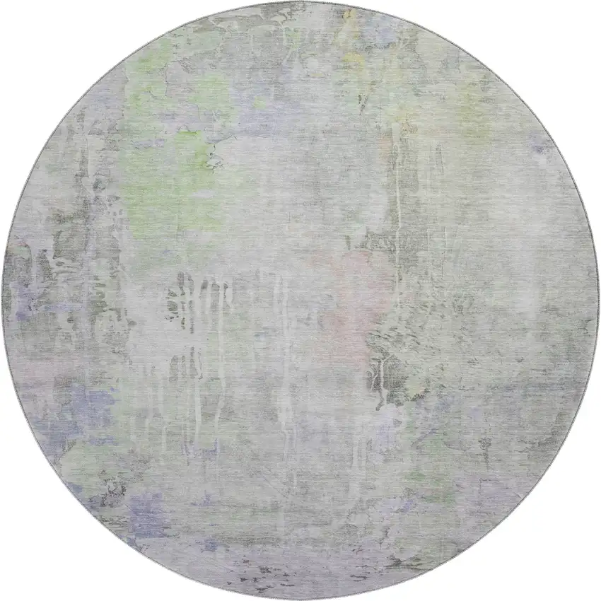 8' X 8' Artichoke Green Gray And Purple Abstract Washable Round Rug With UV Protection Photo 1