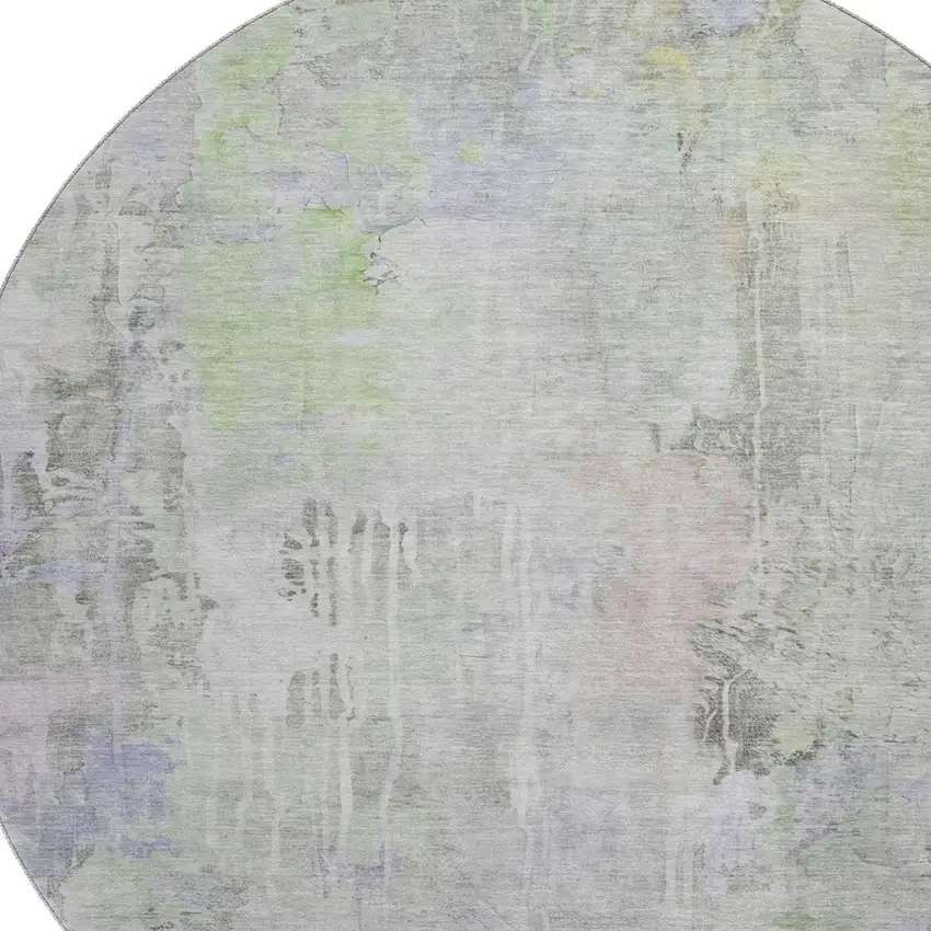 8' X 8' Artichoke Green Gray And Purple Abstract Washable Round Rug With UV Protection Photo 3