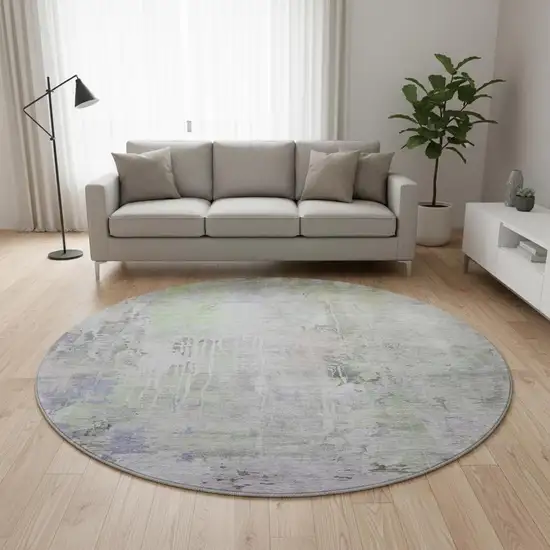 8' X 8' Artichoke Green Gray And Purple Abstract Washable Round Rug With UV Protection Photo 2