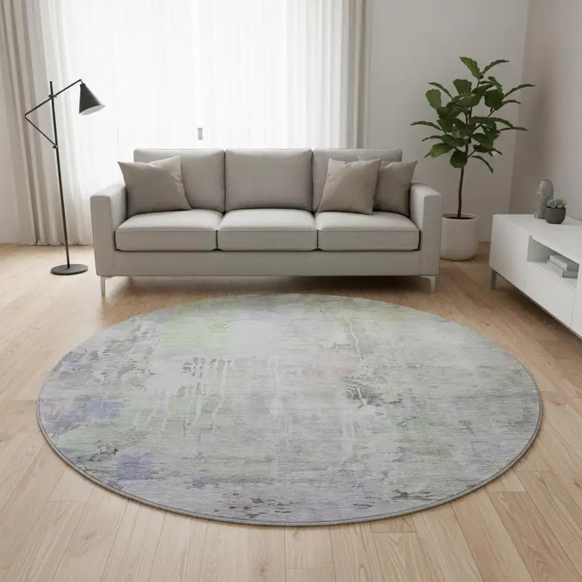 8' X 8' Artichoke Green Gray And Purple Abstract Washable Round Rug With UV Protection Photo 2