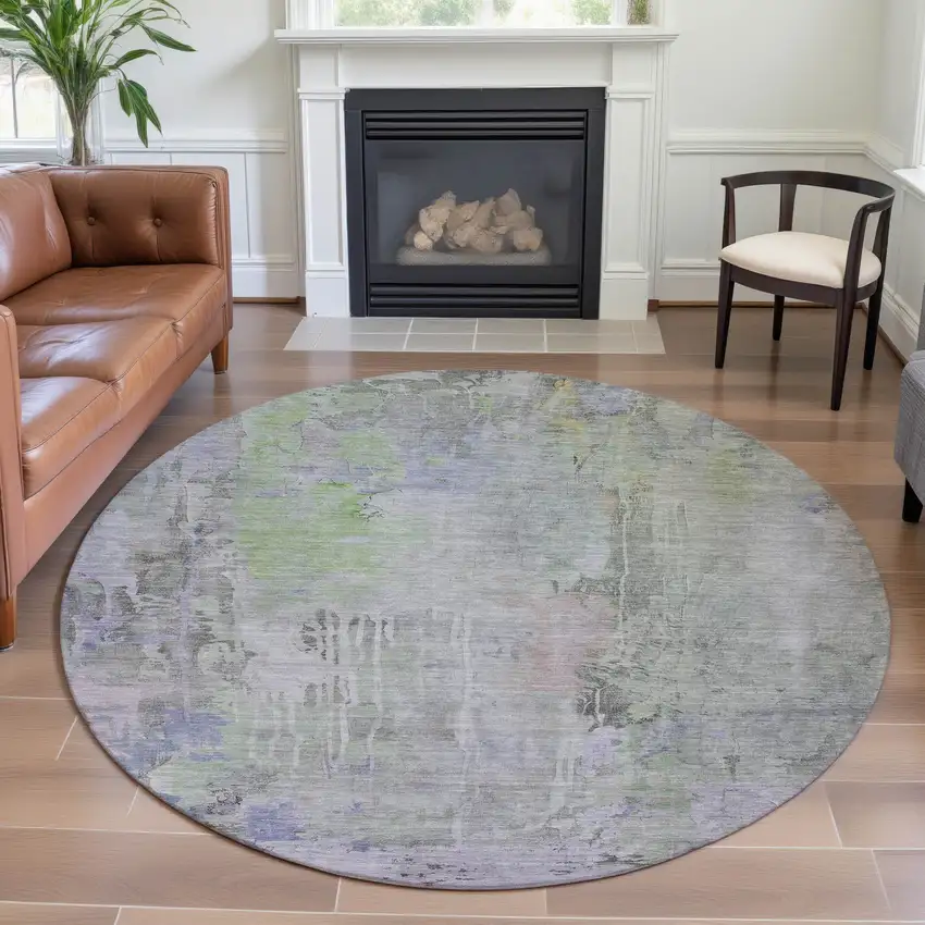 8' X 8' Artichoke Green Gray And Purple Abstract Washable Round Rug With UV Protection Photo 4