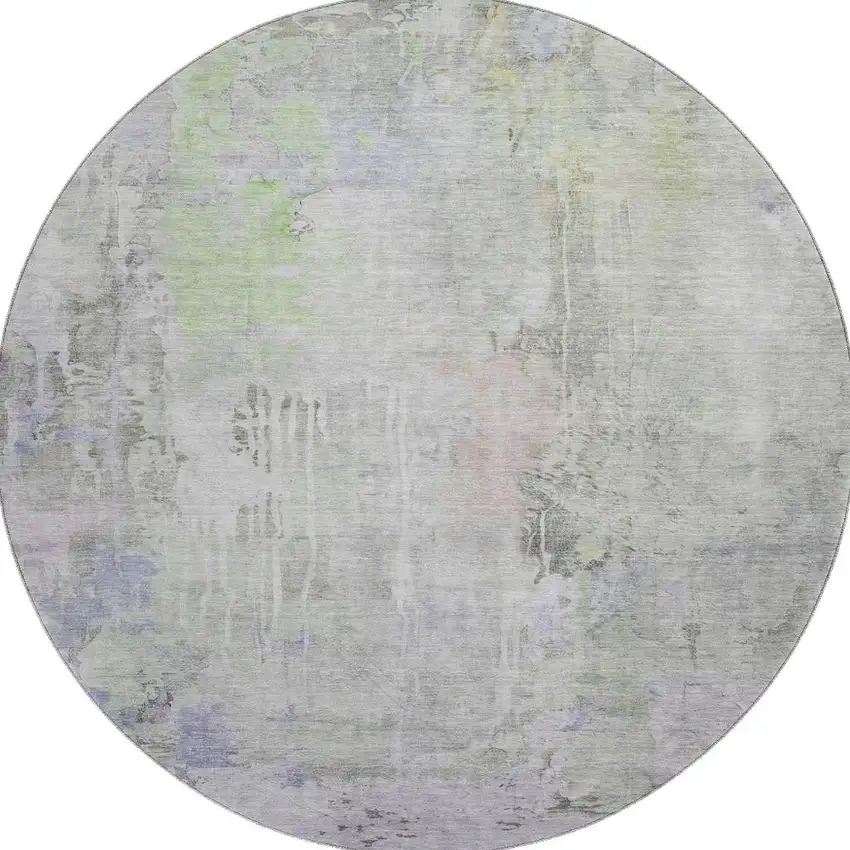 8' X 8' Artichoke Green Gray And Purple Abstract Washable Round Rug With UV Protection Photo 3