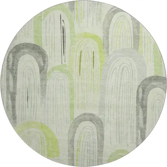8' X 8' Artichoke Green Gray And Silver Geometric Washable Round Rug With UV Protection Photo 1