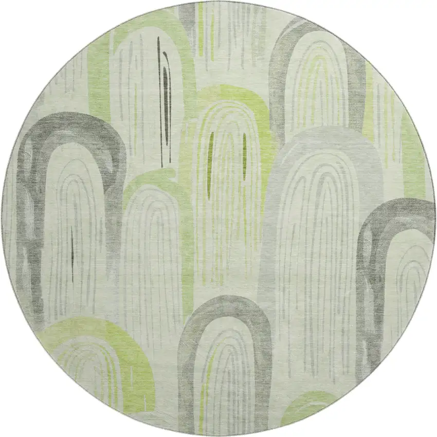 8' X 8' Artichoke Green Gray And Silver Geometric Washable Round Rug With UV Protection Photo 1