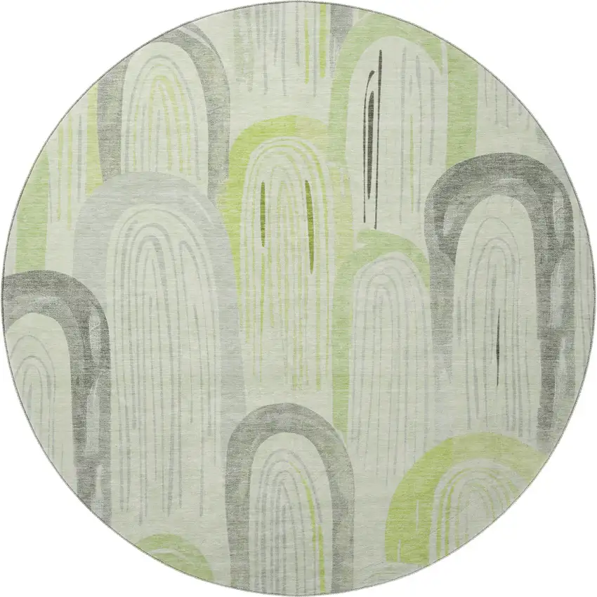 8' X 8' Artichoke Green Gray And Silver Geometric Washable Round Rug With UV Protection Photo 2