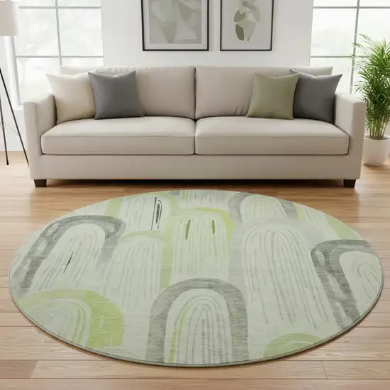 8' X 8' Artichoke Green Gray And Silver Geometric Washable Round Rug With UV Protection Photo 2