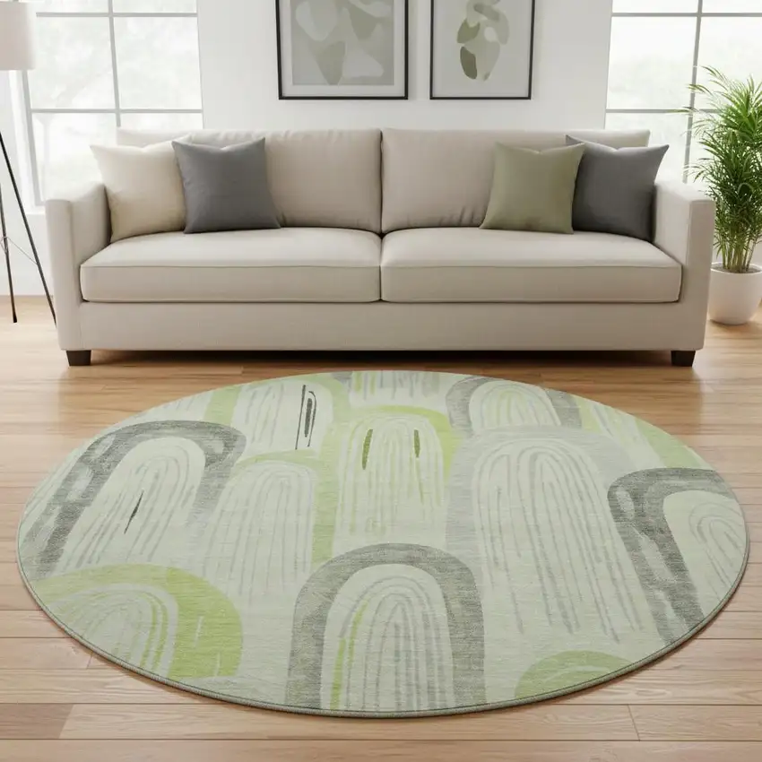 8' X 8' Artichoke Green Gray And Silver Geometric Washable Round Rug With UV Protection Photo 2