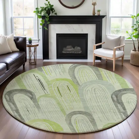 8' X 8' Artichoke Green Gray And Silver Geometric Washable Round Rug With UV Protection Photo 3