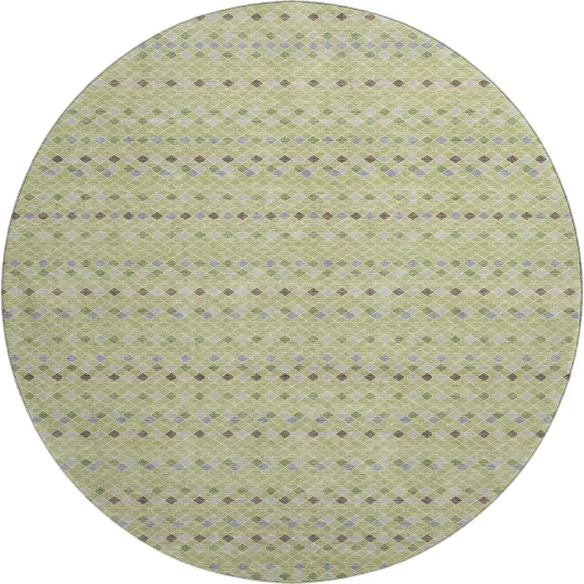 8' X 8' Artichoke Green Gray And Silver Striped Washable Round Rug With UV Protection Photo 1