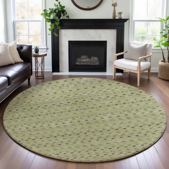 8' X 8' Artichoke Green Gray And Silver Striped Washable Round Rug With UV Protection Photo 4