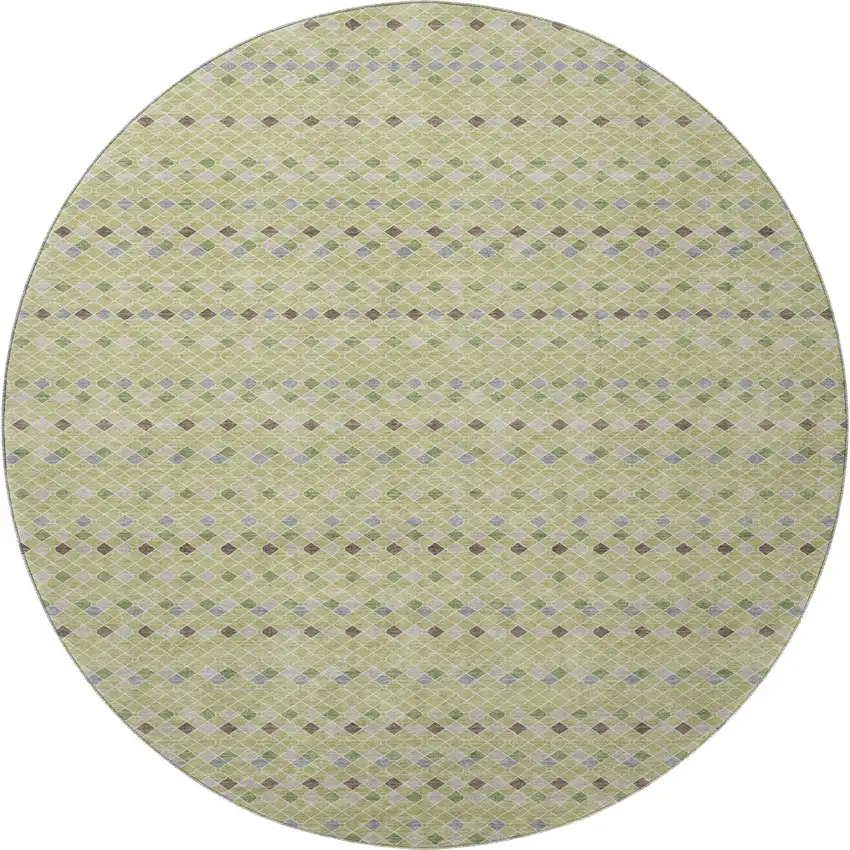 8' X 8' Artichoke Green Gray And Silver Striped Washable Round Rug With UV Protection Photo 3