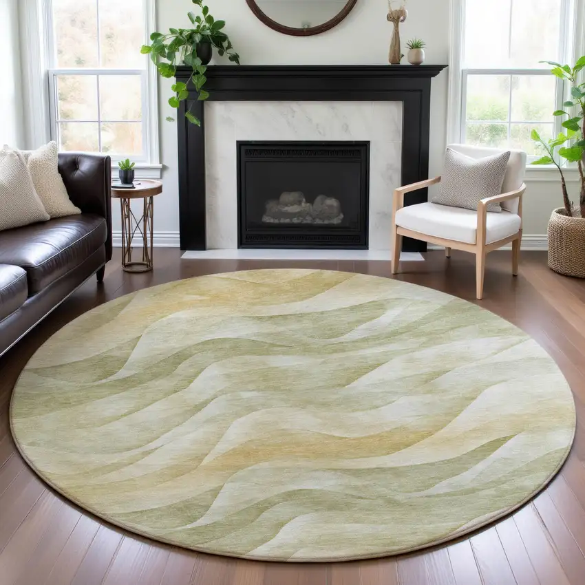 8' X 8' Artichoke Green Ivory And Beige Abstract Washable Round Rug With UV Protection Photo 4