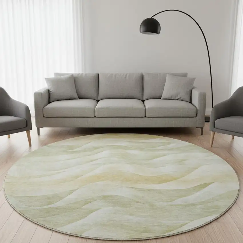 8' X 8' Artichoke Green Ivory And Beige Abstract Washable Round Rug With UV Protection Photo 2