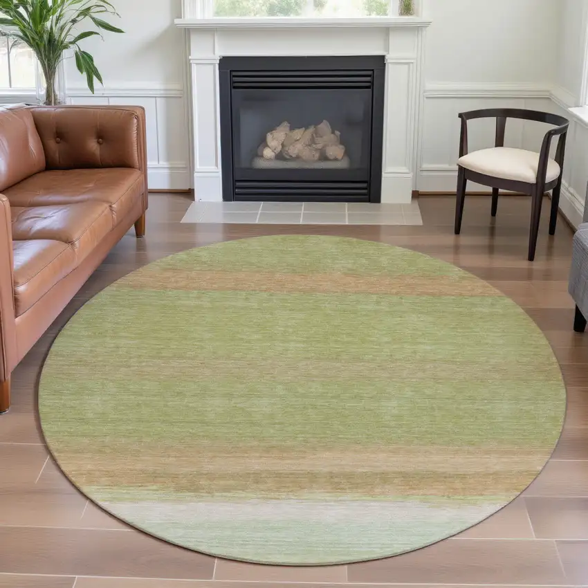 8' X 8' Artichoke Green Ivory And Beige Striped Washable Round Rug With UV Protection Photo 4