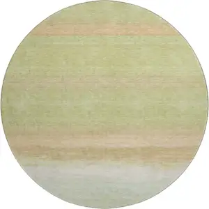 Photo of 8' X 8' Artichoke Green Ivory And Beige Striped Washable Round Rug With UV Protection