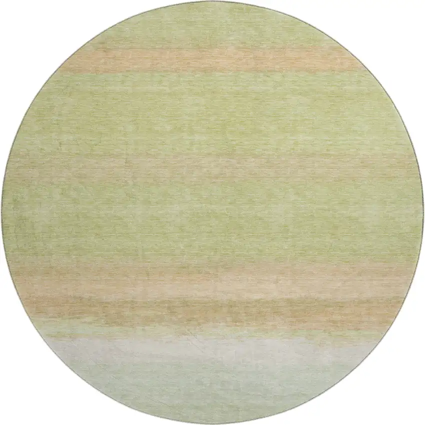 8' X 8' Artichoke Green Ivory And Beige Striped Washable Round Rug With UV Protection Photo 1