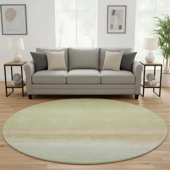 8' X 8' Artichoke Green Ivory And Beige Striped Washable Round Rug With UV Protection Photo 2