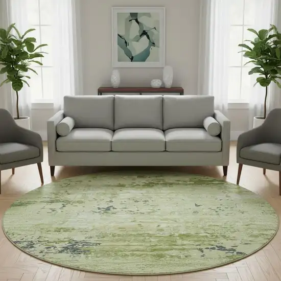 8' X 8' Artichoke Green Ivory And Charcoal Abstract Washable Round Rug With UV Protection Photo 2