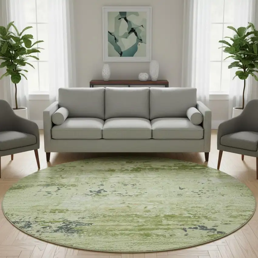 8' X 8' Artichoke Green Ivory And Charcoal Abstract Washable Round Rug With UV Protection Photo 2