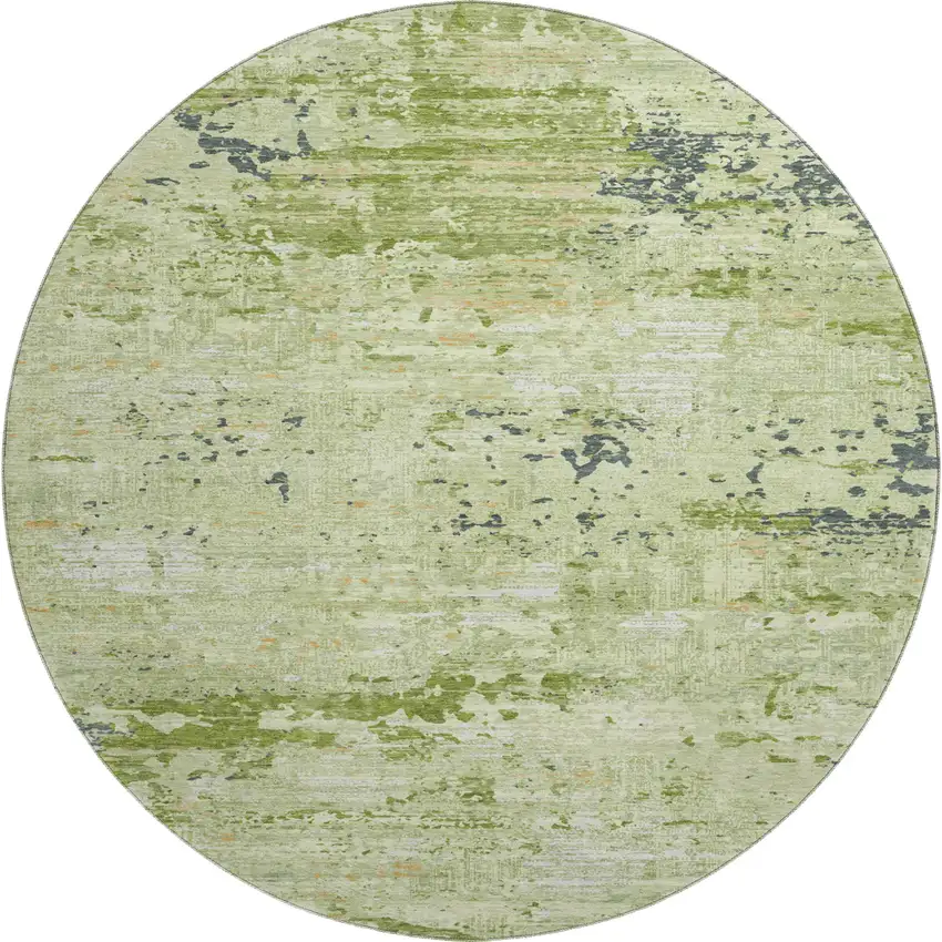 8' X 8' Artichoke Green Ivory And Charcoal Abstract Washable Round Rug With UV Protection Photo 1