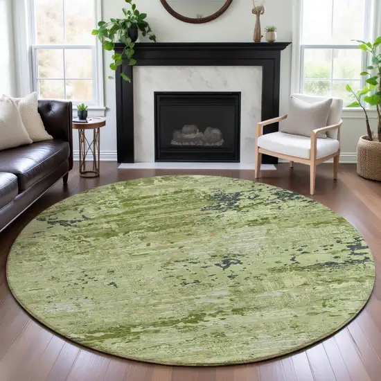 8' X 8' Artichoke Green Ivory And Charcoal Abstract Washable Round Rug With UV Protection Photo 4