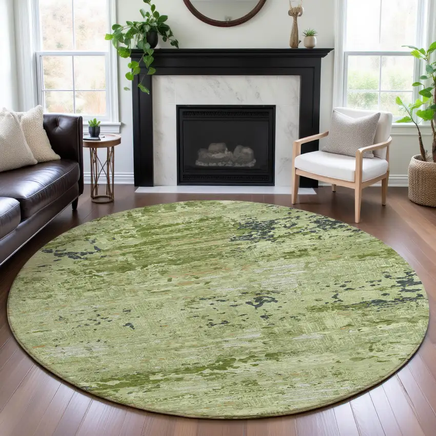 8' X 8' Artichoke Green Ivory And Charcoal Abstract Washable Round Rug With UV Protection Photo 4