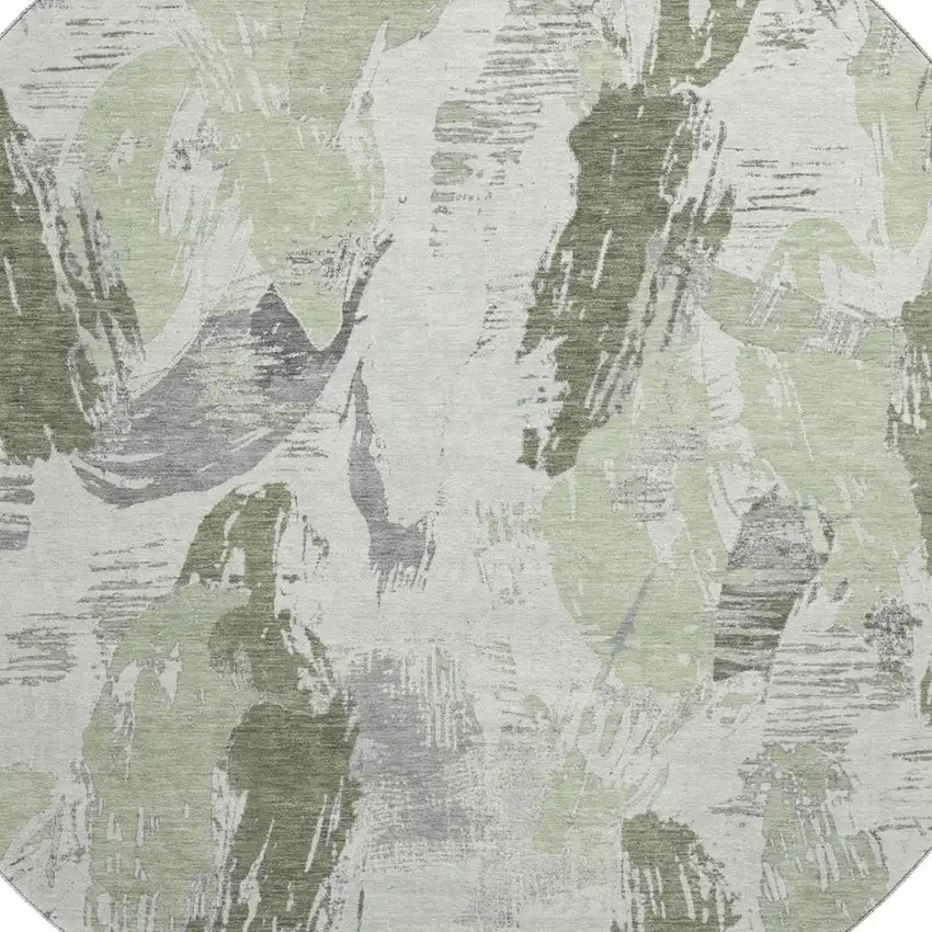 8' X 8' Artichoke Green Ivory And Gray Abstract Washable Round Rug With UV Protection Photo 2