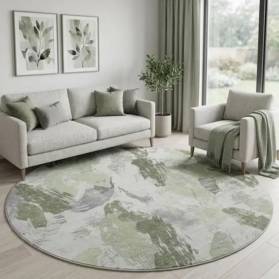 8' X 8' Artichoke Green Ivory And Gray Abstract Washable Round Rug With UV Protection Photo 1