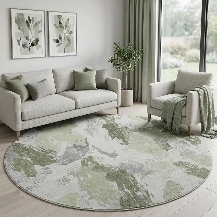 8' X 8' Artichoke Green Ivory And Gray Abstract Washable Round Rug With UV Protection Photo 1