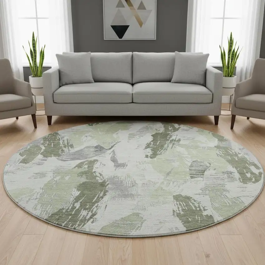 8' X 8' Artichoke Green Ivory And Gray Abstract Washable Round Rug With UV Protection Photo 2
