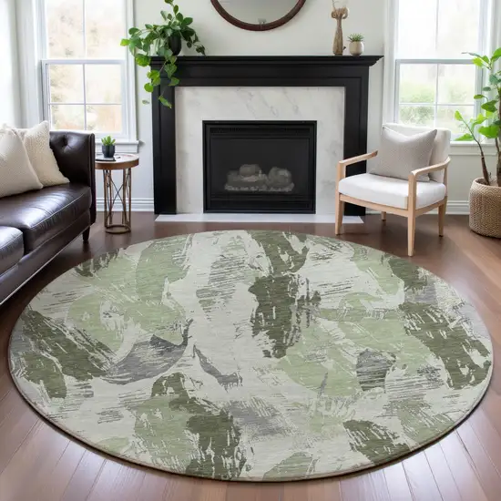 8' X 8' Artichoke Green Ivory And Gray Abstract Washable Round Rug With UV Protection Photo 4