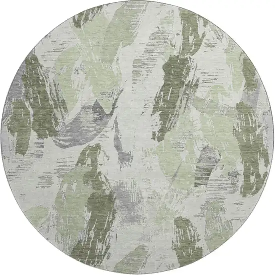 8' X 8' Artichoke Green Ivory And Gray Abstract Washable Round Rug With UV Protection Photo 1