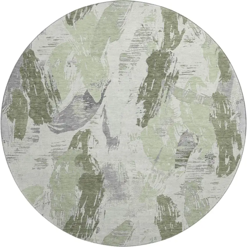 8' X 8' Artichoke Green Ivory And Gray Abstract Washable Round Rug With UV Protection Photo 1