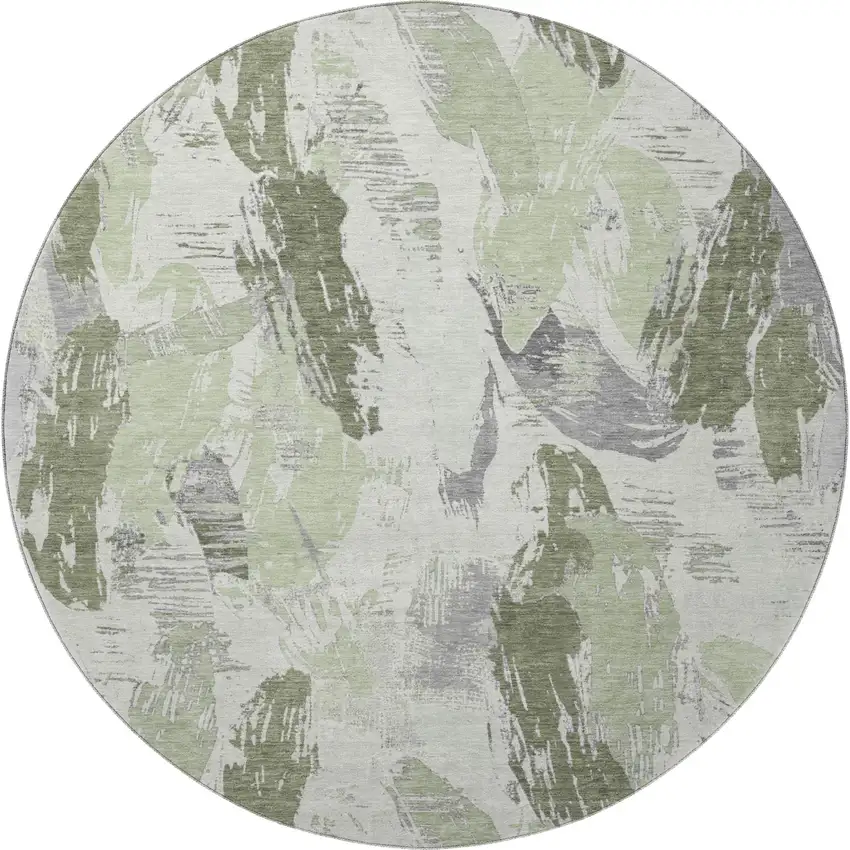 8' X 8' Artichoke Green Ivory And Gray Abstract Washable Round Rug With UV Protection Photo 3