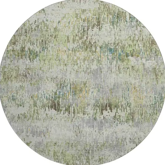 8' X 8' Artichoke Green Ivory And Gray Striped Washable Round Rug With UV Protection Photo 3