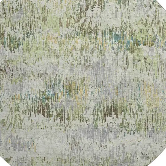 8' X 8' Artichoke Green Ivory And Gray Striped Washable Round Rug With UV Protection Photo 2